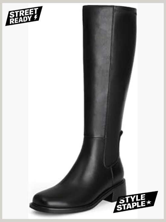 Shoes - Knee High Boots Women Faux Leather Low Heel Square Toe Side Zipper Fall Boots